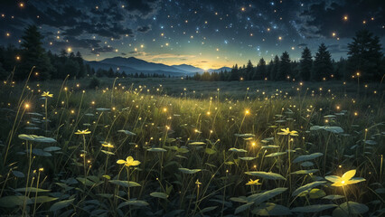 A field at night with fireflies glowing in the grass and stars in the sky