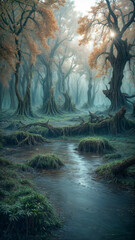 a misty forest with gnarled trees and a small creek running through the center - obrazy, fototapety, plakaty