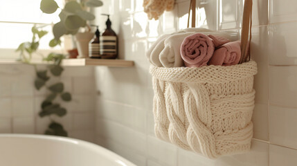 Knitted organizer hanging on wall in bathroom.