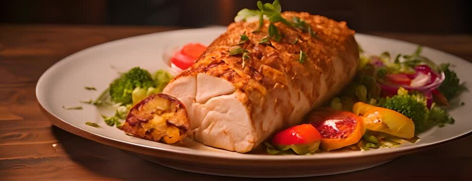 Breaded chicken breast stuffed with butter, garlic, and herbs, served with vegetables on a plate. 4K Video