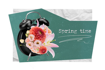 Exclusive magazine picture sketch collage image of clock saying spring time coming isolated...