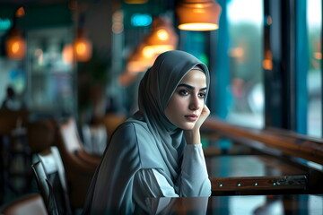 sad young woman sitting alone in a restaurant
