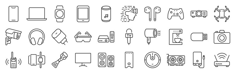 Tech gadgets icon set. Containing smartphone, laptop, tablet, smartwatch, drone, headphones, digital camera, smart TV, gaming console