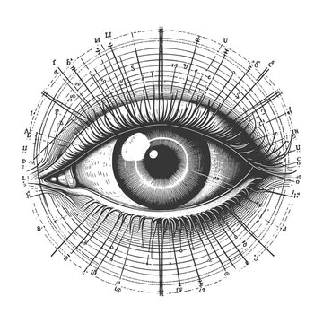 vintage human eye with overlaying diagram lines, illustrating ocular anatomy and geometry sketch engraving generative ai raster illustration. Scratch board imitation. Black and white image.
