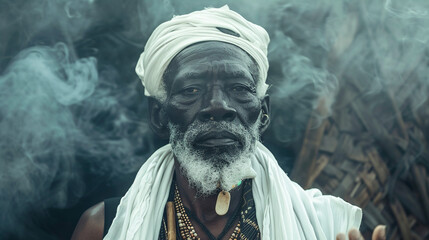 
homem negro  com lenço branco na cabeça e colares no pescoço Cultura do candomblé