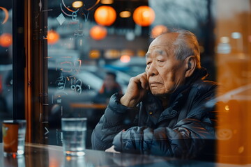 sad old man sitting alone in a restaurant