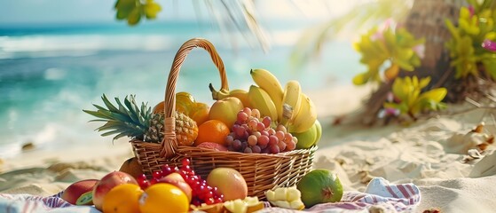 Fruit basket with beach background.