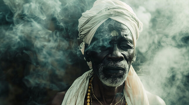 
homem negro  com len&ccedil;o branco na cabe&ccedil;a e colares no pesco&ccedil;o Cultura do candombl&eacute;