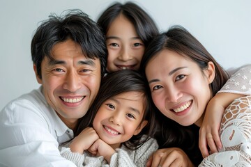 Fototapeta premium Young Asian family enjoying together at home, posing in front of camera.