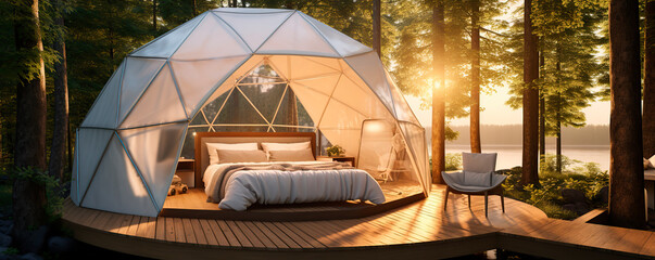 A luxurious geodesic dome tent nestled in a serene forest at sunset, offering a glamping experience. - obrazy, fototapety, plakaty