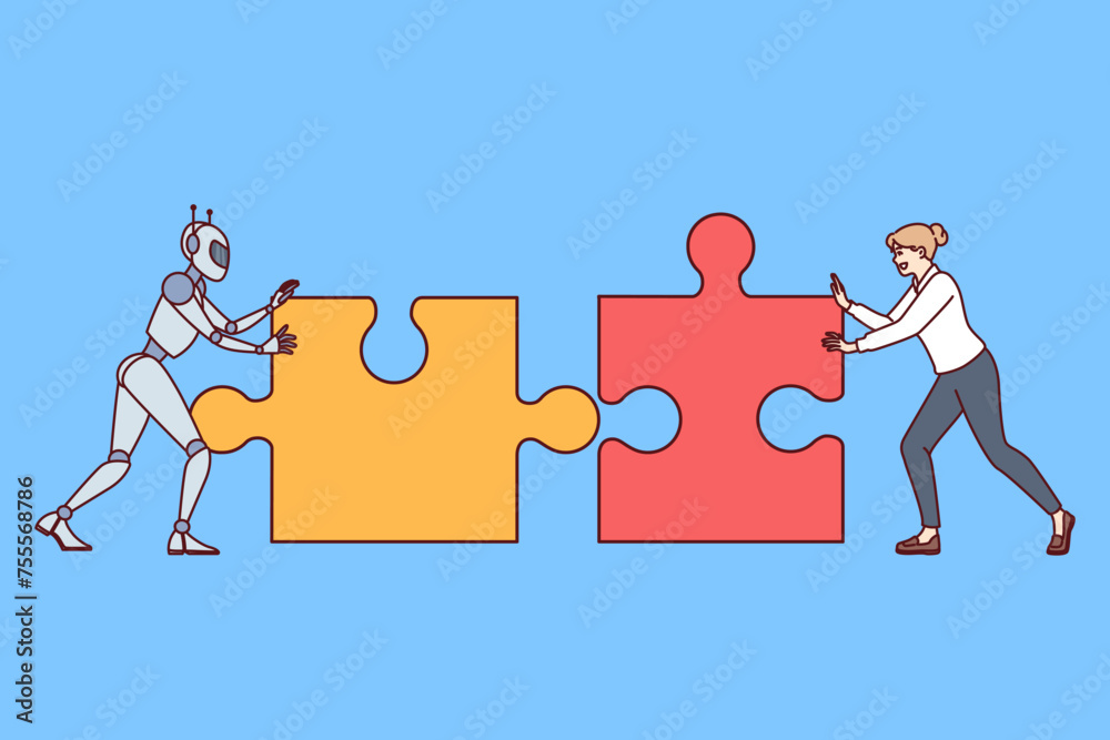 Wall mural teamwork of robot with artificial intelligence and person connecting puzzles to create innovative pr