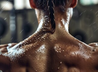 Fitness begins where your comfort zone ends. Close up of a female fitness models back muscles with sweaty drops