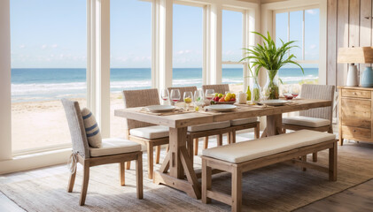 Wooden dining table set on the beach with sea view background.