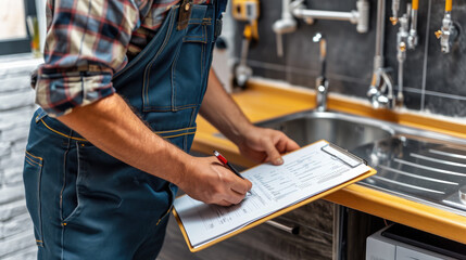 A plumber in overalls writing notes on a clipboard by a stainless steel kitchen sink.
