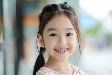 a little asian girl with healthy white teeth with metal braces
