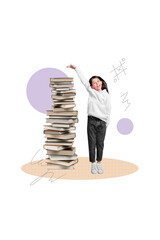 Creative poster collage of funny little girl teenager rise hand measure height pile stack books...