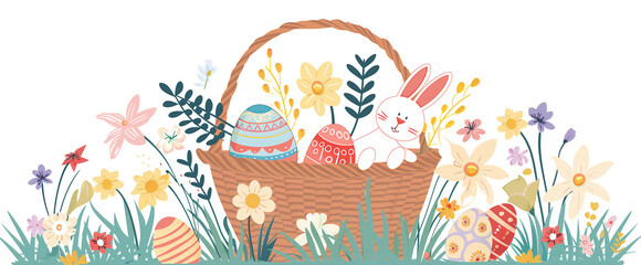 Fototapeta na wymiar Easter bunny sitting in the basket of colored eggs isolated on white background. Flowers and green grass around. Flat illustration for web