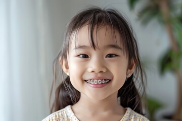 a little asian girl with healthy white teeth with metal braces