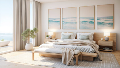 Interior of modern master bedroom with white walls, wooden floor, comfortable king size bed with beige linen and white bedside table with plant. 3d rendering