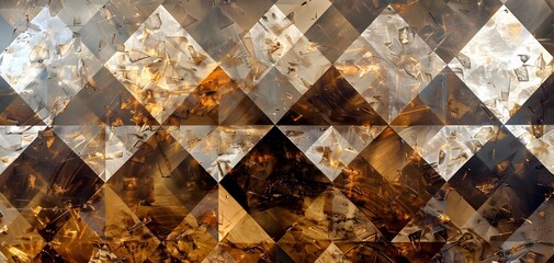 A colorful mosaic of squares and triangles with gold and brown color. The image has a bright and...