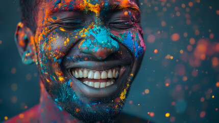 Happy laughing black man with colorful holi paint on his face