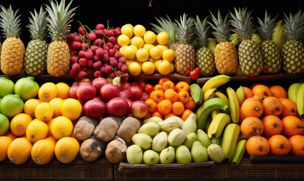 A colorful display of fruits and vegetables, including apples, oranges, bananas