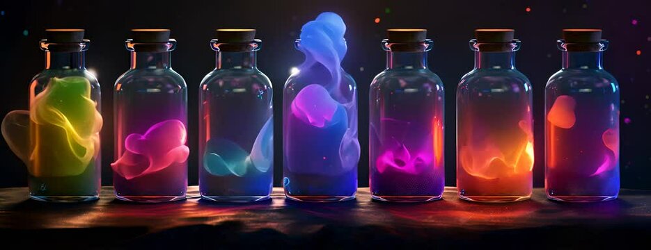 Magic bottles with magic elixirs for love spells, sorcery and divination. Magic illustration and alchemy. Digital ai art 4K Video