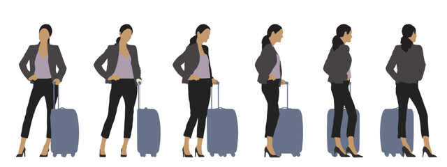 Vector concept conceptual silhouette of a woman with luggage standing from different perspectives isolated on white background. A metaphor for travelling, vacation, business and lifestyle
