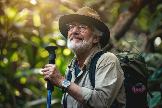 Active Senior Man Hiking Portrait,Active elder people, Adventure