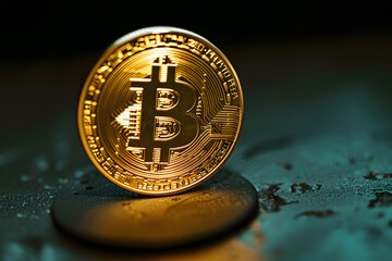 Golden bitcoin on a dark background. Digital currency. Cryptocurrency.Golden Bitcoin: A Symbol of Decentralized Cryptocurrency