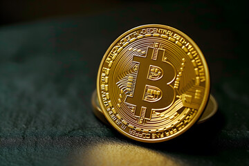 Golden bitcoin on a dark background. Digital currency. Cryptocurrency.Golden Bitcoin: A Symbol of Decentralized Cryptocurrency