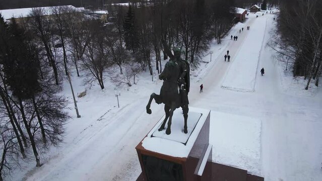 Monument to Vasily Ivanovich Chapaev in the city of Cheboksary, Chuvash Republic. Drone view of the monument to Chapaev. 4k