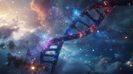 Celestial Connection: Person Wrapped in DNA Strands Against a Sky Backgroun