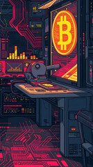 Obraz premium Bitcoin on the background of the night city. Vector illustration in retro style.Bitcoin mining machine.Bitcoin Ascendancy: A Neon Cityscape Illuminated by Cryptocurrency