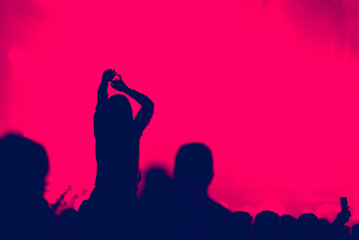 Rear view of crowd of people with arms outstretched at concert - obrazy, fototapety, plakaty