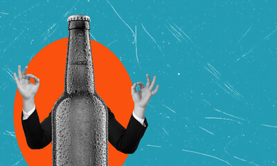 Modern art collage featuring beer bottle and hands on blue background with copy space.