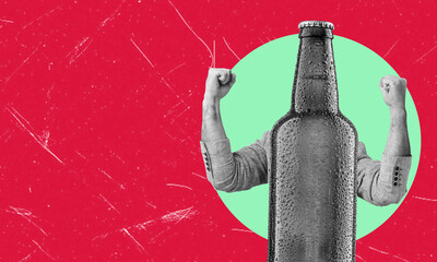Modern art collage featuring beer bottle and hands on red background with copy space.