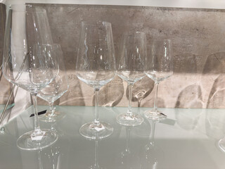 Elegant glasses on rack sell in the store or supermarket