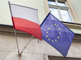 waving flag of Poland and European Union. Transnational political government