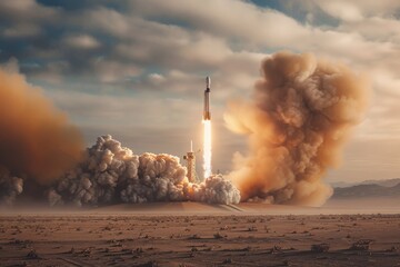 A rocket take off from its base, dust and smoke billowing. - obrazy, fototapety, plakaty