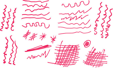 Hand-drawn elements, pink squiggles, wavy lines, zigzags, scribbles abstract shapes, minimalist design, simple strokes, organic curves, geometric patterns, artistic sketches, playful illustrations