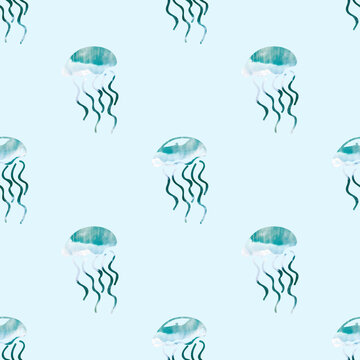 Marine seamless pattern with jellyfishes