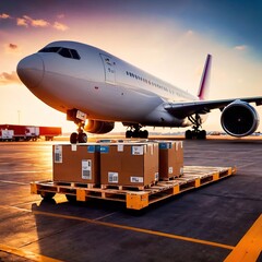 Air freight with cargo containers and boxes next to airplane in airport - 755573923