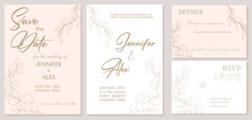 Elegant Wedding Invitation, Save the Date template. Minimalist botanical Wedding invitation card with trendy greenery line art wild flowers Vector illustration in modern pink peach and gold colors.