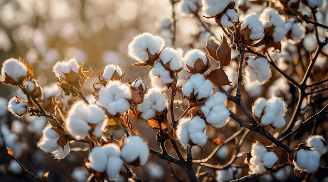 Many branches of ripe cotton growing on field. Organic cotton plant