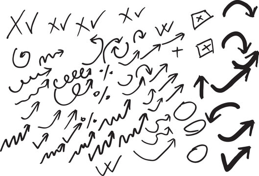 doodle effect stain collection. Arrows set black icons, crayon texture pencil effect. Chalk texture stain set. emphasis, star, crazy hatches, ovals and crosses. Each element is united and isolated
