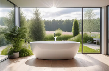 Fototapeta premium elegant modern stylish bathroom with bath tub, big windows with natural view
