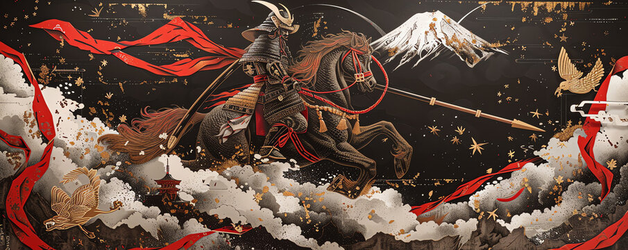 Samurai - Japanischer Krieger mit Pferd und rotem Band