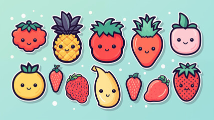 Illustration de lot de petits stickers fruits et légumes. Dessin mignon, kawaii. Fond coloré, pour conception et création graphique. - obrazy, fototapety, plakaty