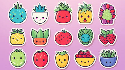 Illustration de lot de petits stickers fruits et légumes. Dessin mignon, kawaii. Fond coloré, pour conception et création graphique. - obrazy, fototapety, plakaty
